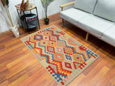 Flat Weave Kilim Antique Navaho Vintage handmade Geometric Kilim Red Blue Hand-Woven Rectangle 100% Wool Area Rug 4x6
